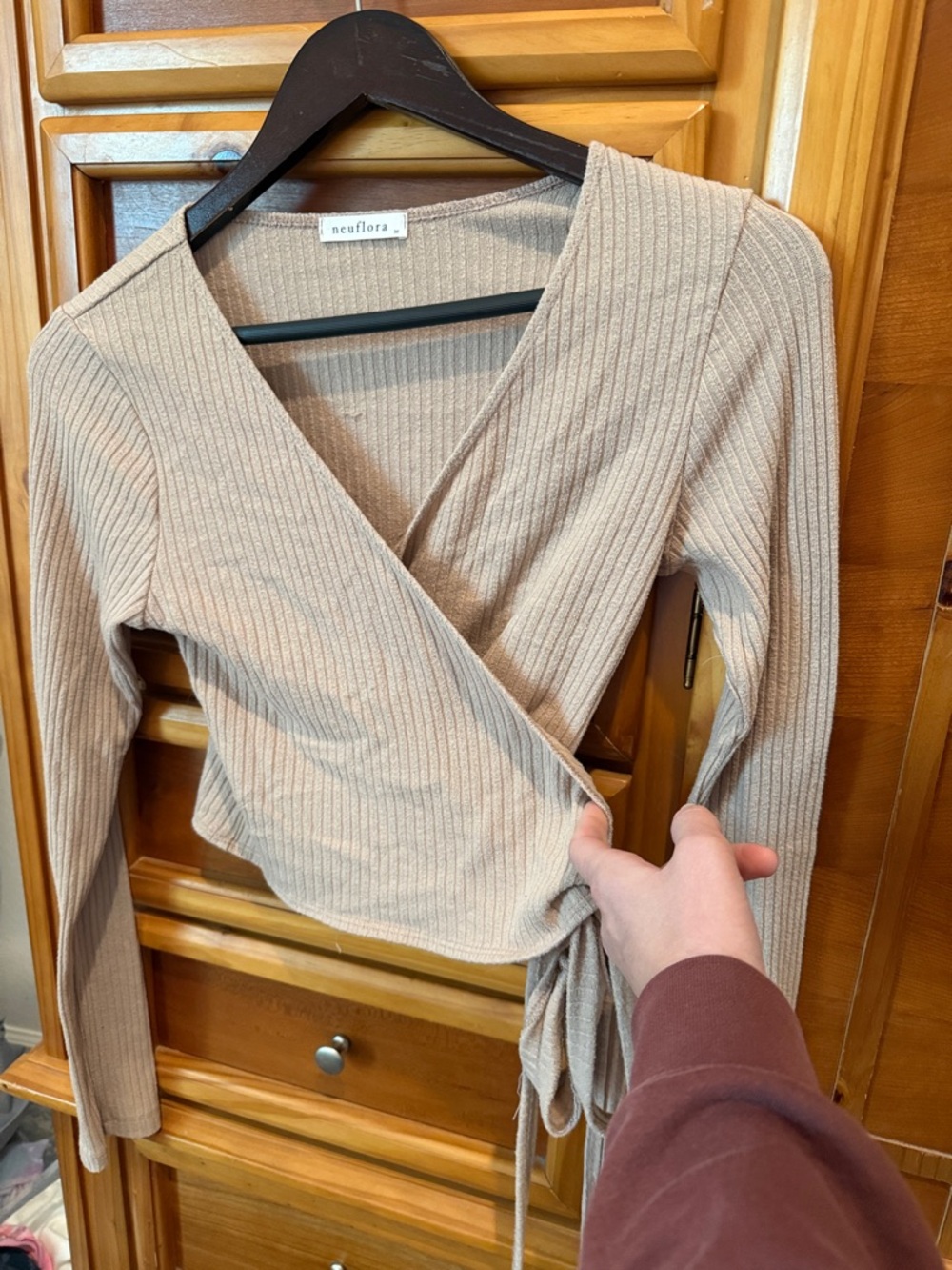 Neuflora Beige Ribbed Wrap Crop Top